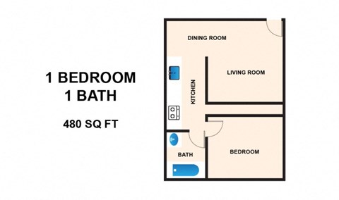 Floor plan for 1 bed, 1 bath, 480 sqft